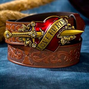 "Love Hurts" Engraved Belt - Gleaming Heart & Sword Design XL/2XL 47”